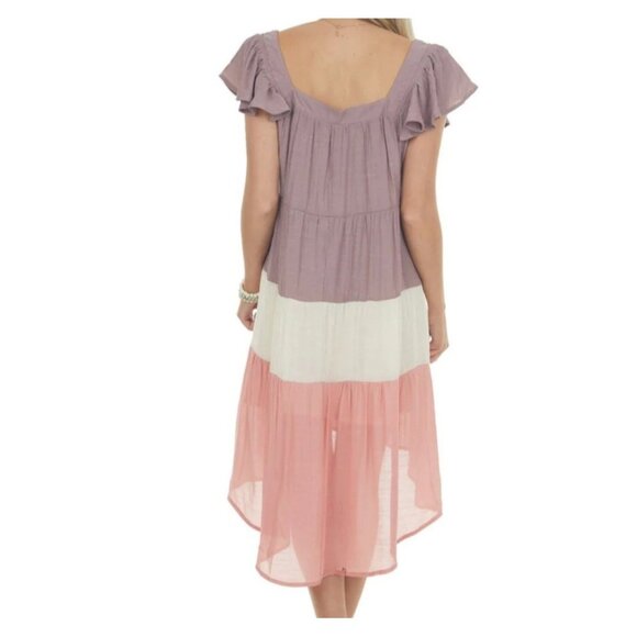 Umgee Dress Women's Large Pink Purple Hi Low Tiered Boho Gauzy Coastal NWT - Picture 2 of 9